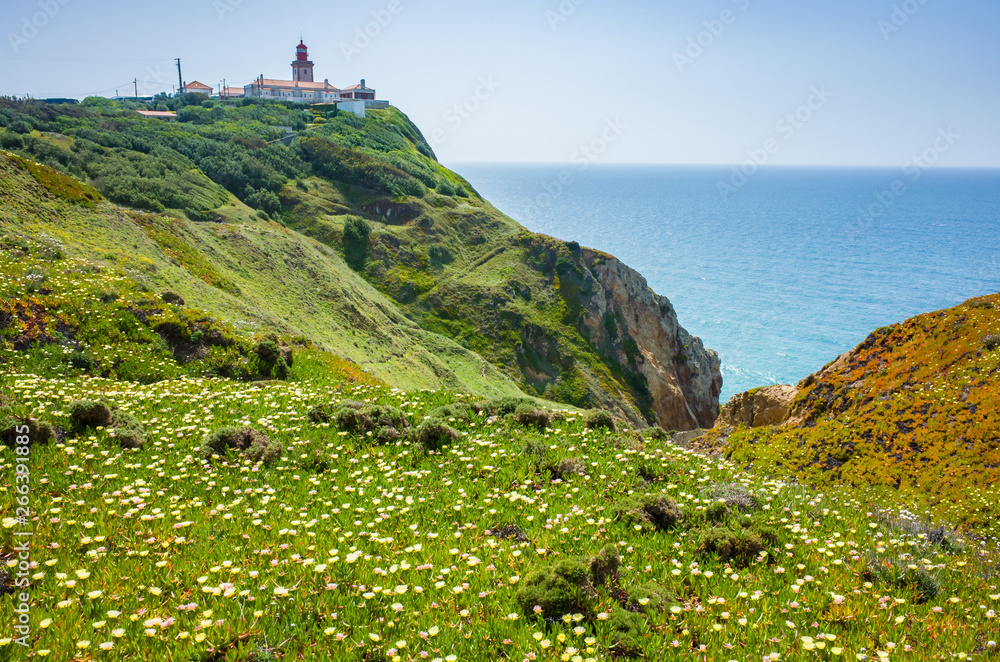 Lighthouse and Wild Flowers at Cabo da Roca, Sintra, Portugal
