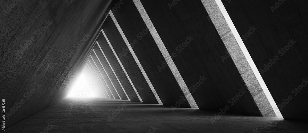 Empty Long Light Corridor. Modern concrete background. Futuristic Sci-Fi Triangle Tunnel. 3D Rendering Empty Long Light Corridor. Modern concrete background. Futuristic Sci-Fi Triangle Tunnel. 3D Rendering