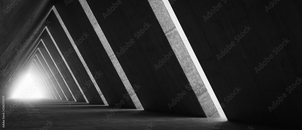 Fototapeta premium Empty Long Light Corridor. Modern concrete background. Futuristic Sci-Fi Triangle Tunnel. 3D Rendering