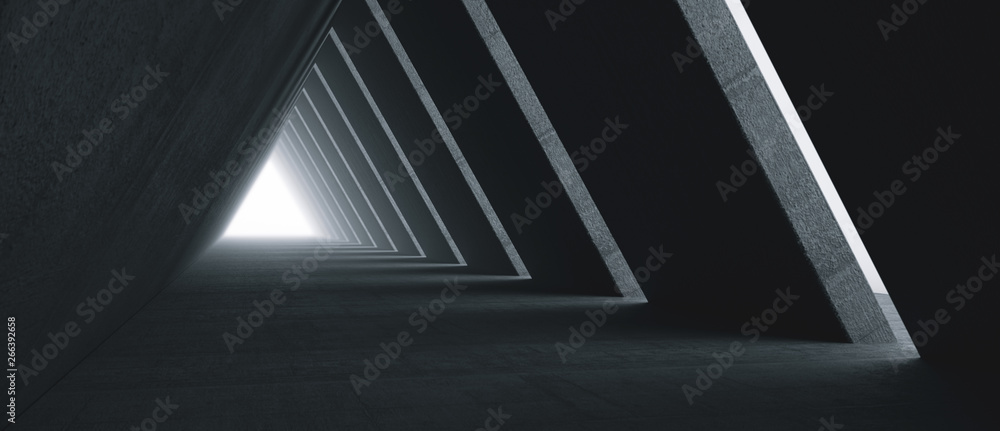Obraz premium Empty Long Light Corridor. Modern concrete background. Futuristic Sci-Fi Triangle Tunnel. 3D Rendering