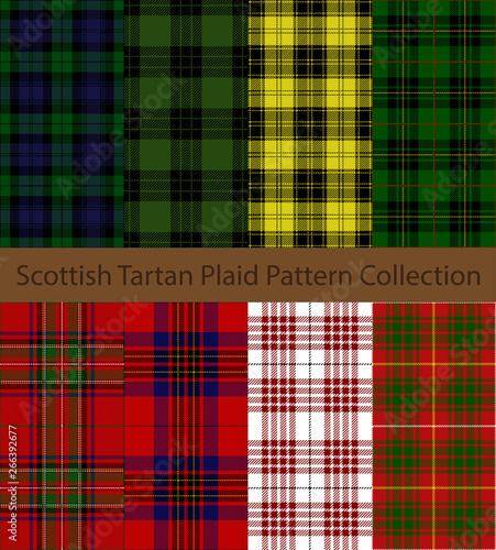 Collection of Scottish tartan plaid patterns. Black Watch and clans Graham, MacLachlan, Forbes, Stewart, Leslie, Buchanan, Bruce 