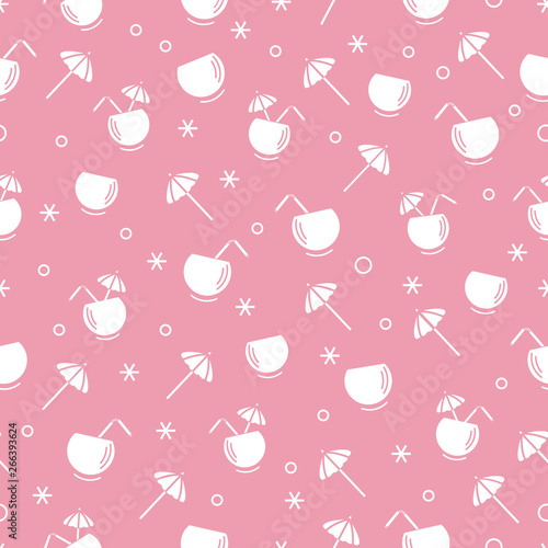 Cute seamless pattern with cocktail in half coconut, tube and umbrella. Travel and leisure.