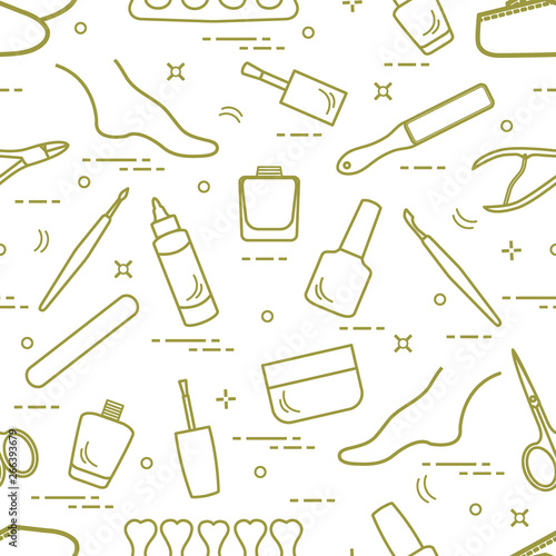 Pattern of manicure and pedicure tools and products for beauty and care.