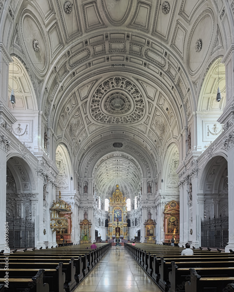Interior of St. Michael's Church (Michaelskirche) in Munich, Germany. The church was built by William V, Duke of Bavaria in 1583-1597. It is the largest Renaissance church north of the Alps.