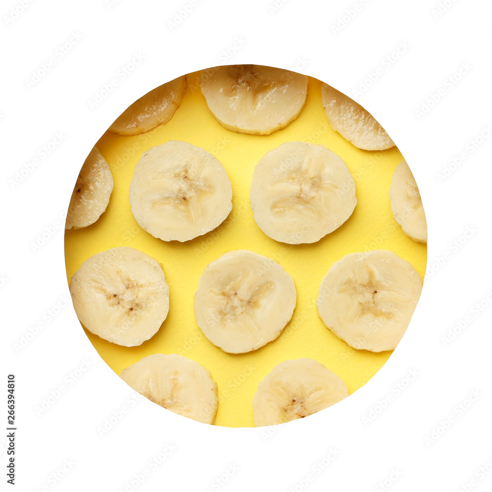 Creative summer pattern made of bananas slice on pastel yellow background. with frame . Fruit minimal concept. Flat lay. Creative summer pattern made of bananas slice on pastel yellow background. with frame . Fruit minimal concept. Flat lay.
