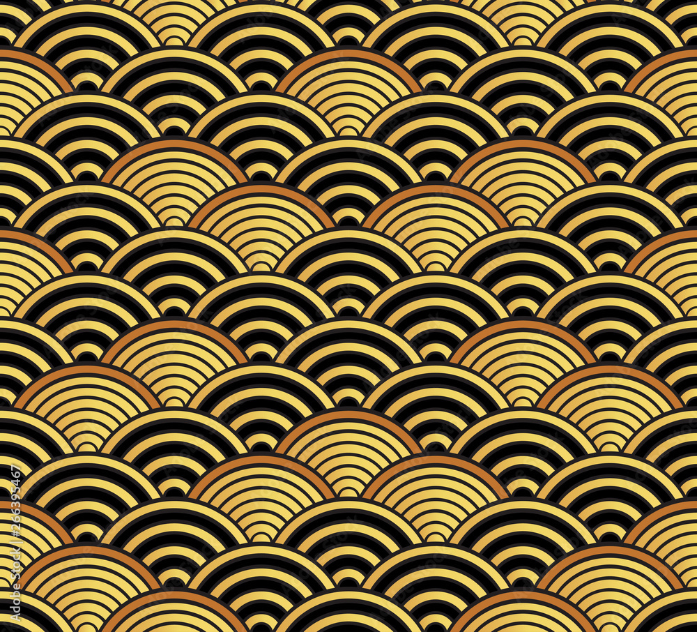 Seigaiha Japanese ornamental wave pattern in black and gold color. Decorative seamless background. Seigaiha Japanese ornamental wave pattern in black and gold color. Decorative seamless background.