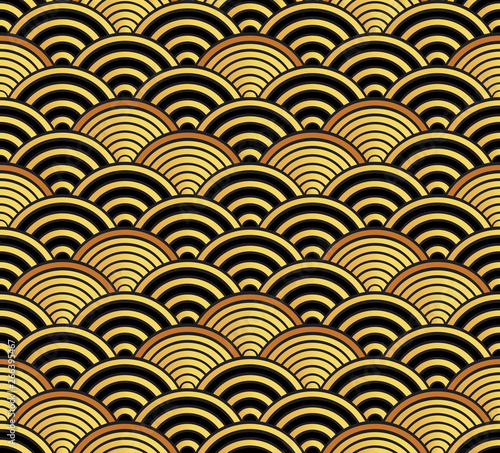 Seigaiha Japanese ornamental wave pattern in black and gold color. Decorative seamless background.