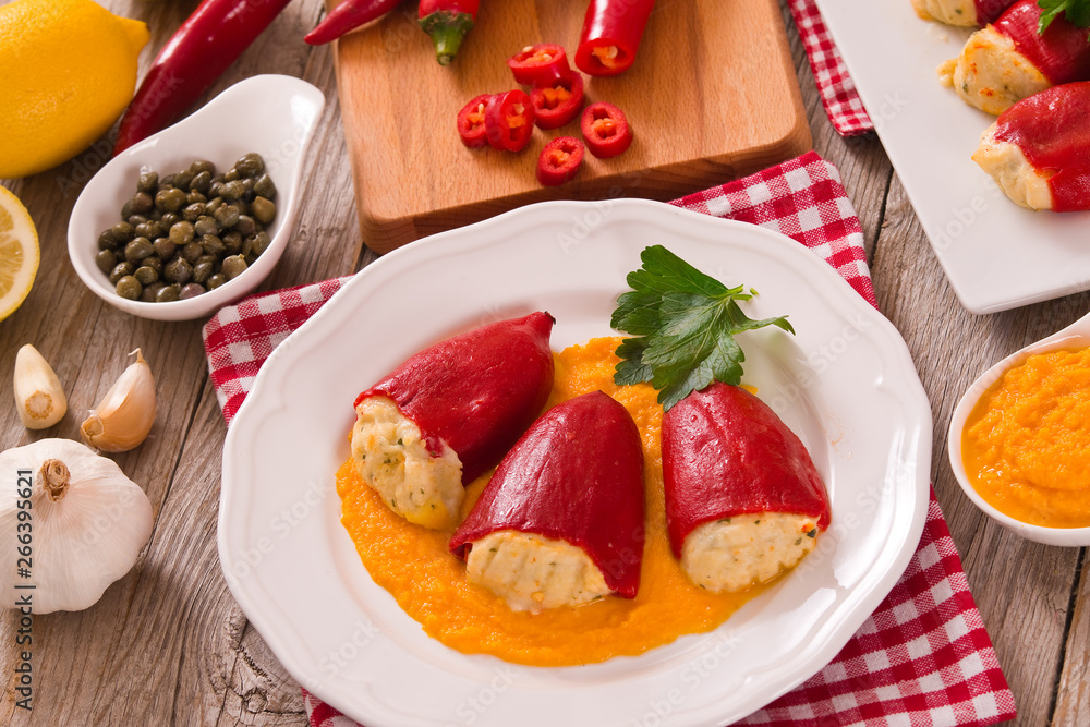 Stuffed piquillo peppers with cod. Stuffed piquillo peppers with cod.