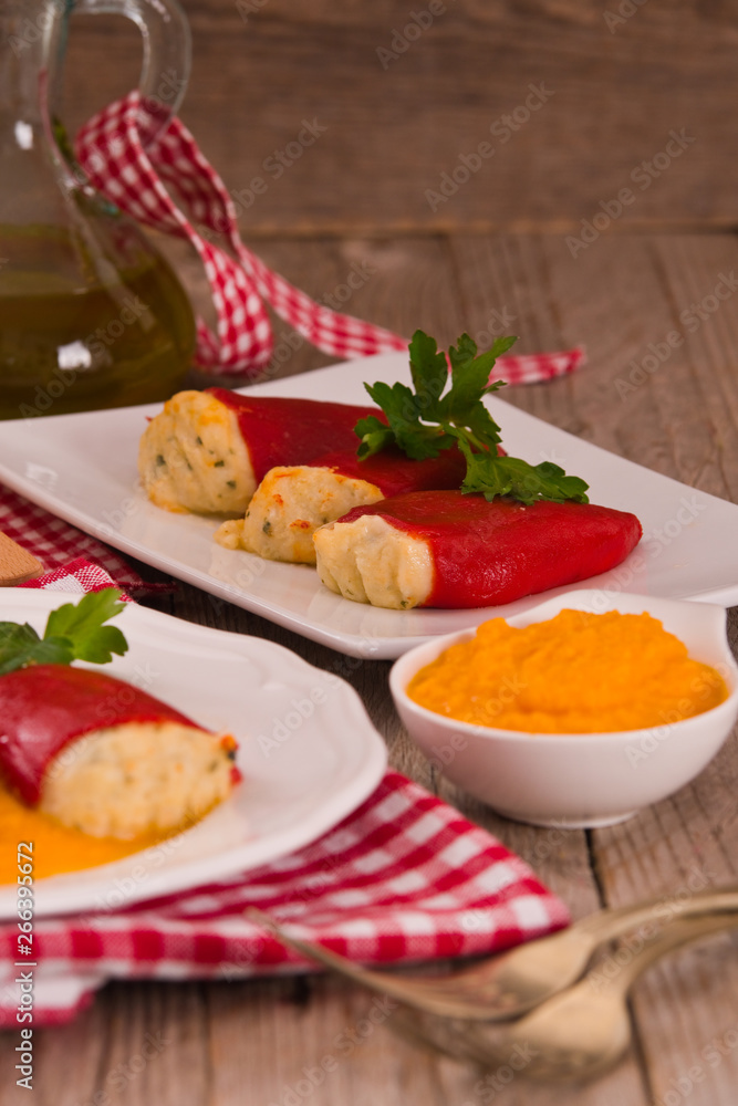 Stuffed piquillo peppers with cod. Stuffed piquillo peppers with cod.