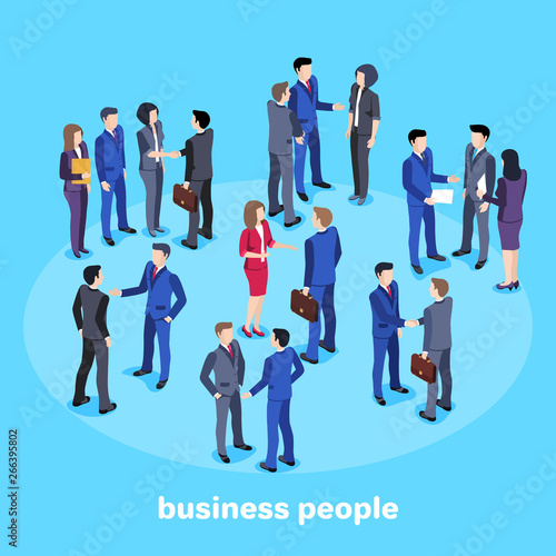 Isometric vector image on a blue background, people in business suits, conversation and business meeting, office workers.