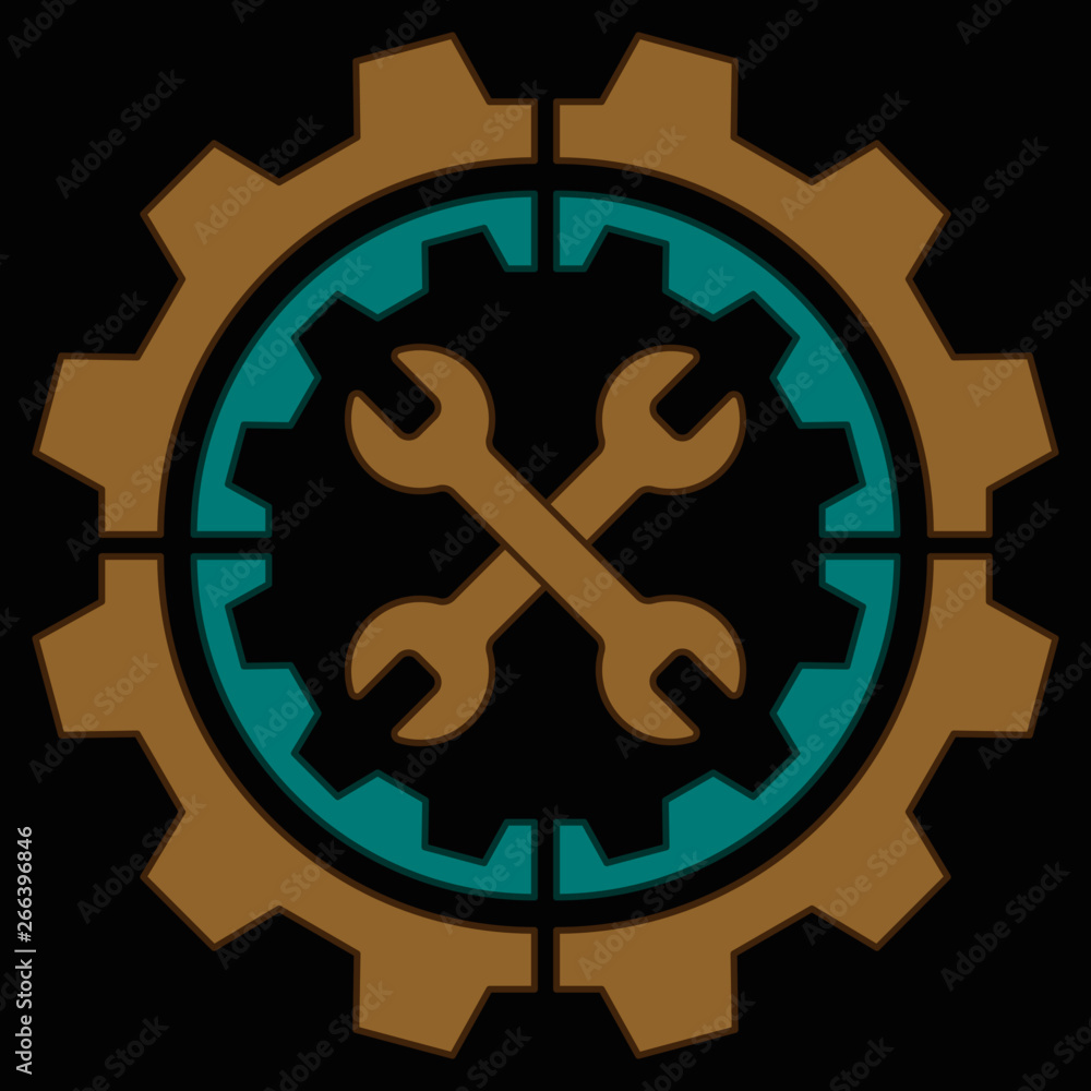 Vector illustration of gears, inside are crossed wrenches. Subject images steampunk, suitable for use in the form of a logo or icon. Made in blue and light brown on a dark background. Vector illustration of gears, inside are crossed wrenches. Subject images steampunk, suitable for use in the form of a logo or icon. Made in blue and light brown on a dark background.