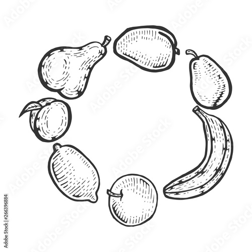Fruits vegan food sketch engraving vector illustration. Scratch board style imitation. Black and white hand drawn image.