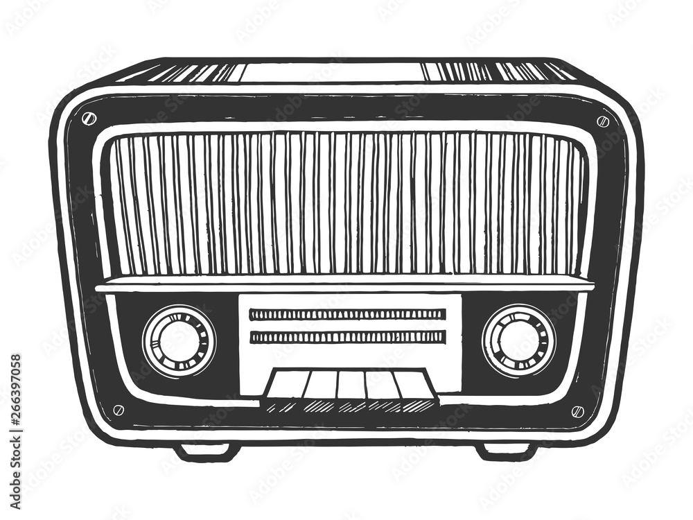Old vintage radio receiver device sketch engraving vector illustration.  Scratch board style imitation. Black and white hand drawn image. Stock  Vector | Adobe Stock