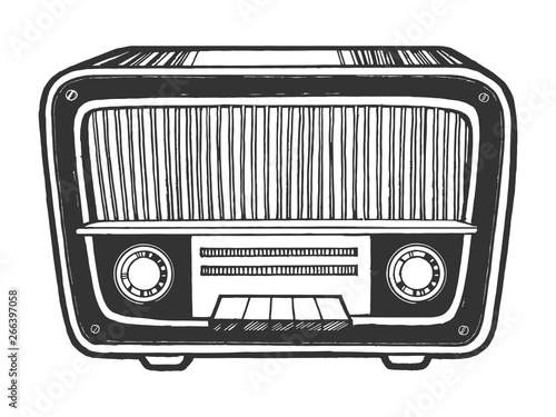 Old vintage radio receiver device sketch engraving vector illustration. Scratch board style imitation. Black and white hand drawn image.