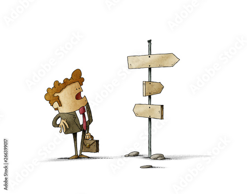 Businessman confused about direction. Business concept. Isolated