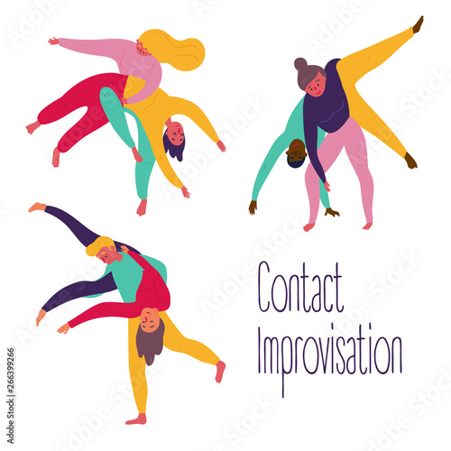 Young people in yoga contact improvisation, positions set. Woman and man partner practice theatrical yoga exercise in class. Meditation movement to open your mind. Vector flat illustration