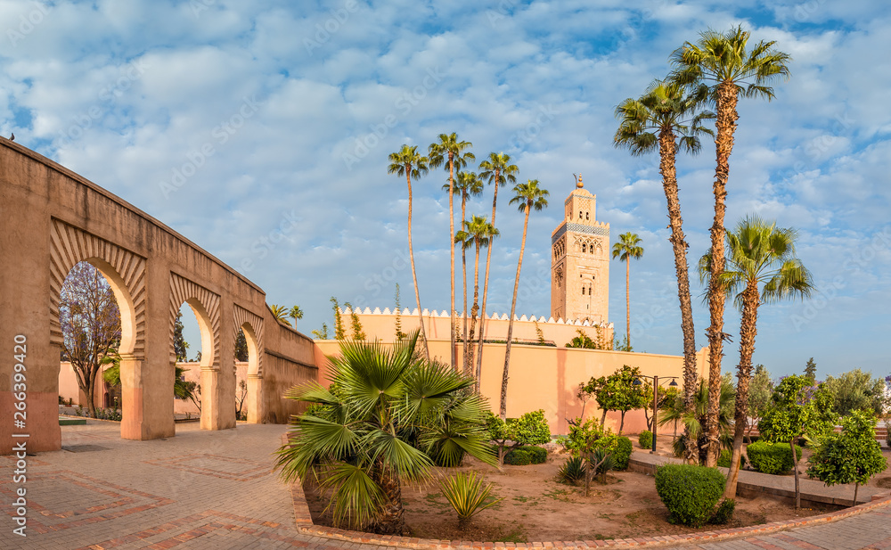 Fototapeta premium Landscape with garden and Koutoubia Mosque on Marrakesh, Morocco