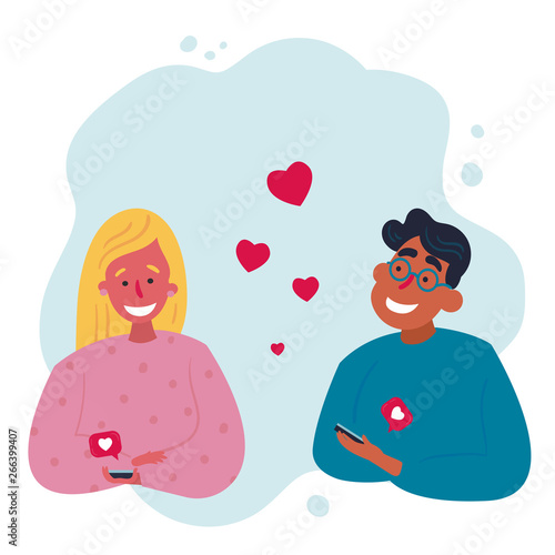 Mobile couple dating application concept and result. Man and woman are dating outdoors after exchanging likes, hearts and chatting in mobile social media app. Soulmate searching smartphone program