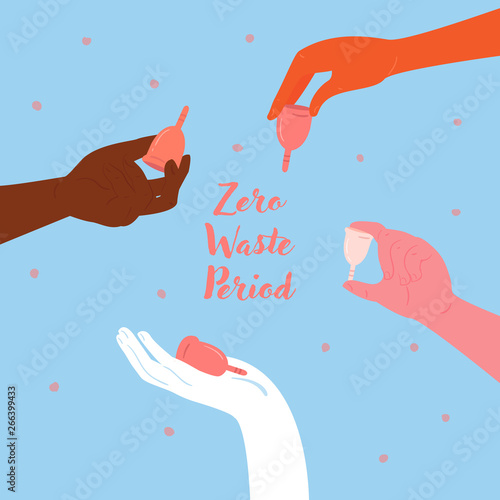 Reduce, reuse, recycle. Zero waste menstrual cups in hands. Diverse woman hands are holding girl cycle hygiene silicone containers for blood. Empowerment, economy, feminism and eco friendly concept photo
