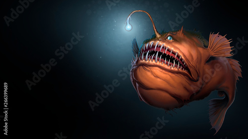 Angler fish on background of dark blue water realistic illustration art. Scary deep-sea fish predator In the depths of the ocean. Place for text.