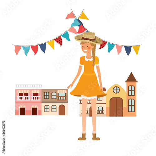 woman farmer with background houses of neighborhood