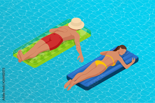 Inflatable ring and mattress. Young man nad woman on air mattress in the big swimming pool. Summer holiday idyllic. Enjoying suntan. Vacation concept. High view from above.