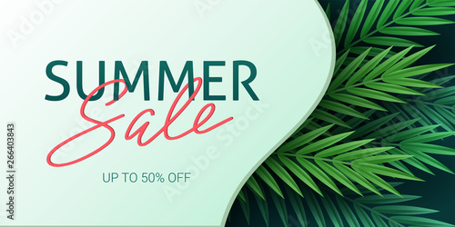 Hello summer, summertime. The text poster against the background of tropical plants. Palm leaves, jungle leaf and handwriting lettering. The poster for sale and an advertizing sign.