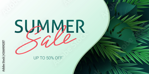 Hello summer, summertime. The text poster against the background of tropical plants. Palm leaves, jungle leaf and handwriting lettering. The poster for sale and an advertizing sign.