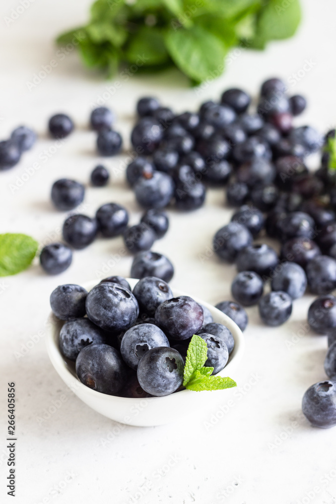 Freshly picked blueberries in a white ceramic bowl. Selective focus, copy space for text. Freshly picked blueberries in a white ceramic bowl. Selective focus, copy space for text.