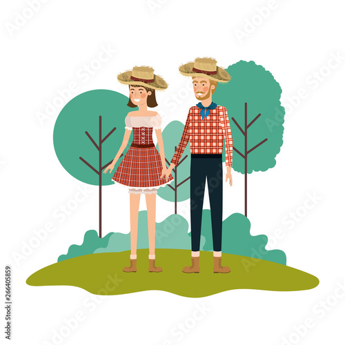 farmers couple talking with straw hat in landscape