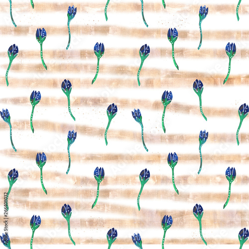 Decorative blue flowers gouache seamless pattern