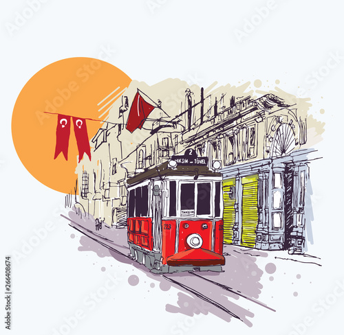 Digital illustration of the nostalgic red tram in Istiklal Avenue, Istanbul