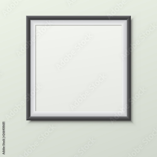 Black, white frame with soft shadow hanging on light green room wall for text or picture