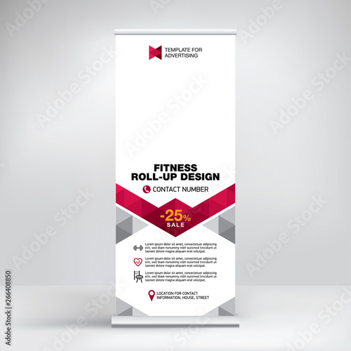 Banner roll-up design, creative geometric design, template for fitness services, with icons on the sports theme.