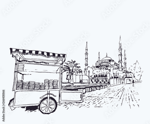 Digital illustration of the Blue Mosque and simit vendor cart in Istanbul