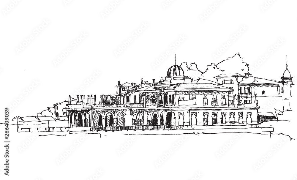 Drawing sketch illustration of the ferry dock in Buyukada, Istanbul Drawing sketch illustration of the ferry dock in Buyukada, Istanbul