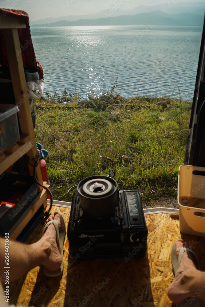 vanlife, cooking at the aegaen in pigadakia, greece vanlife, cooking at the aegaen in pigadakia, greece