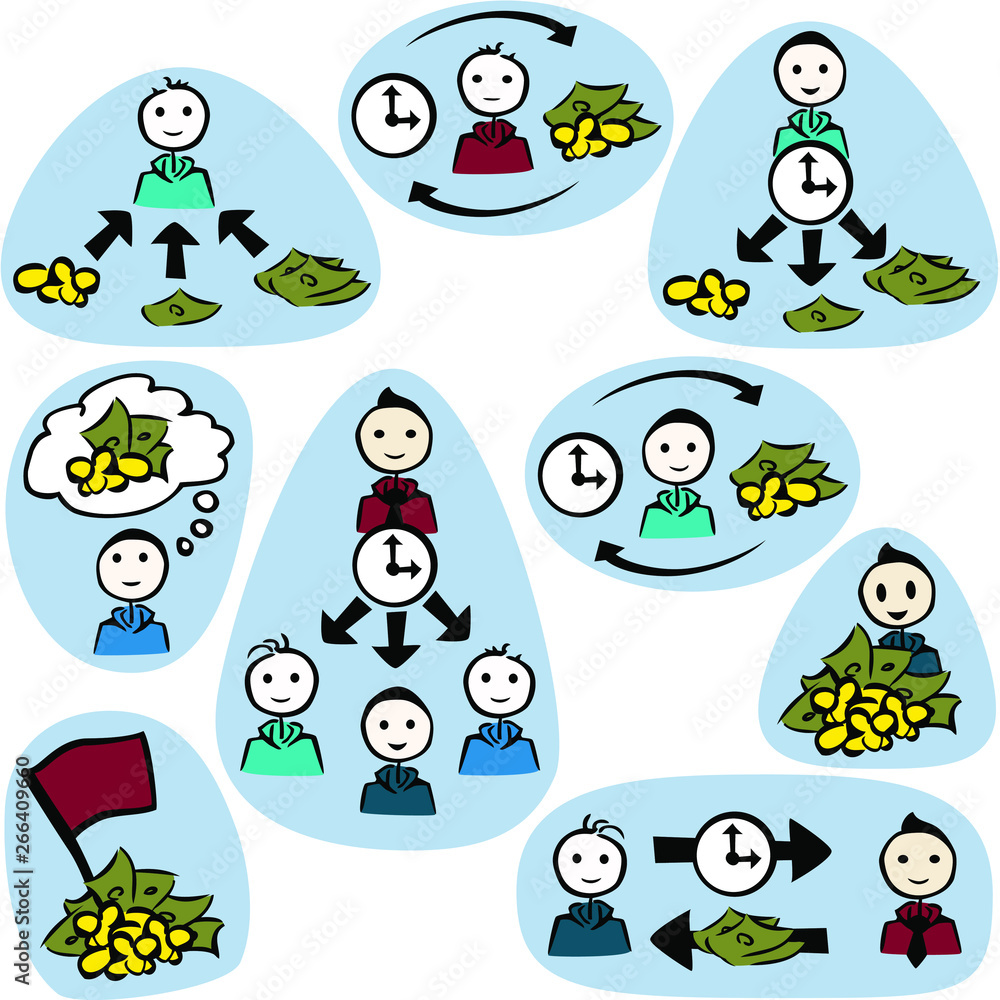 set_9_icons_simple_male_money_coins_bills_time_flag_think_arrows_background_by jziprian