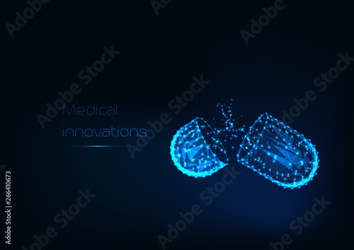 Glowing low polygonal open medicines capsule with powder drugs isolated on dark blue background.