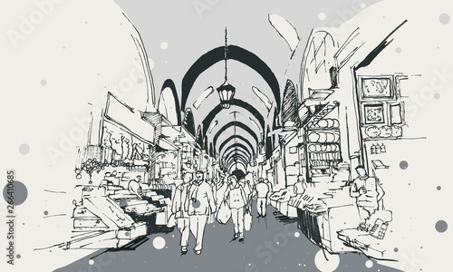 Drawing sketch illustration of the Egyptian Bazaar, Istanbul
