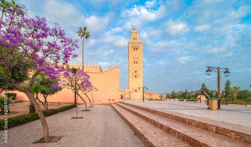 Koutoubia Mosque minaret at medina quarter of Marrakesh, Morocco