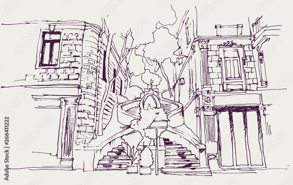 Drawing sketch illustration of Kamondo Stairs in Galata, Istanbul