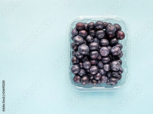 fresh blueberry from forest in plastic container on a blue bright background