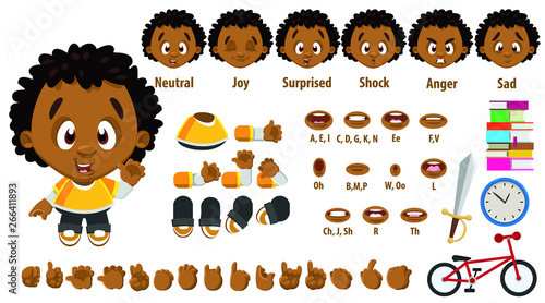 Cartoon afro-american boy constructor for animation. Parts of body, set of poses.