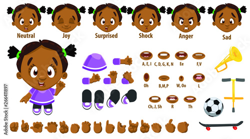 Cartoon afro-american girl constructor for animation. Parts of body, set of poses.