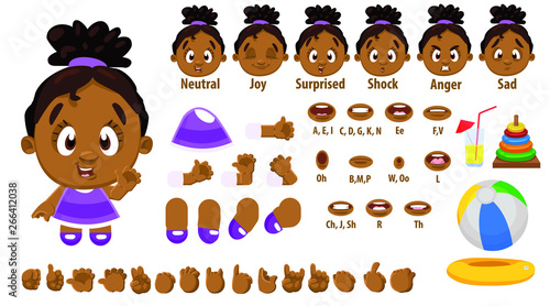 Cartoon afro-american girl constructor for animation. Parts of body, set of poses.