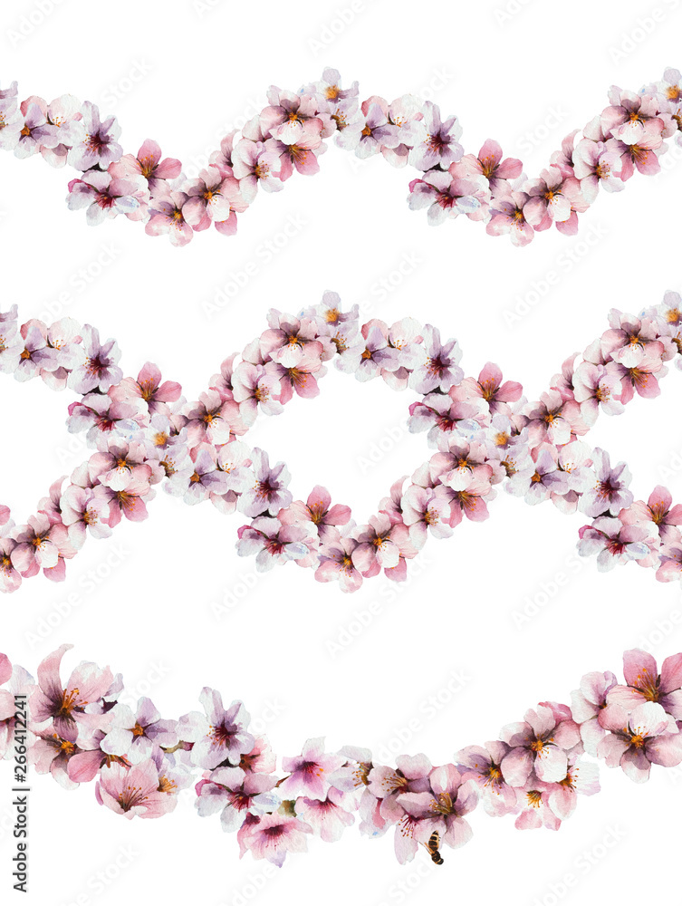 Watercolor cherry blossom. Seasonal spring illustration. Set of floral seamless borders.