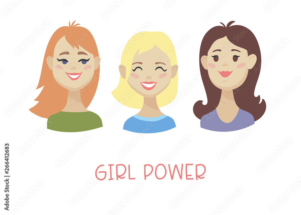 Group of three different girls and inscription GIRL POWER. Cartoon flat style characters. Vector illustration. Group of three different girls and inscription GIRL POWER. Cartoon flat style characters. Vector illustration.