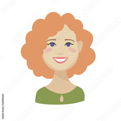 Cute cartoon Emoji character. Flat vector illustration of girl s emotional face. Isolated smiling redhead girl avatar.