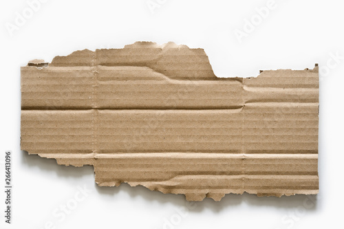 Piece of torn corrugated cardboard on white background.